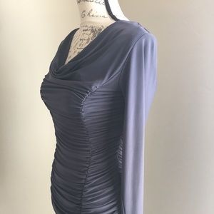 Grey form fitting dress with roushing